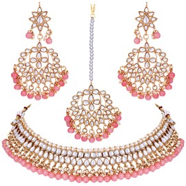 Aheli Faux Kundan Beaded Necklace Earrings Maang Tikka Indian Bollywood Ethnic Jewelry Set Gift for Women Pink