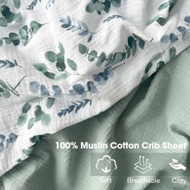 Little Grape Land Muslin Cot Sheet for Baby,100% Cotton Baby Cot Sheets Fitted Standard Crib Mattress 130x70cm, Soft Breathable Neutral Toddler Bed Sheet Fitted for Boys Girls(Green Leaves