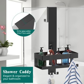 Emibele Over The Door Shower Caddy, 304 Stainless Steel Hanging Shower Caddy Rustproof Shower Shelves, No Drilling Hanging Shower Organizer for Bathroom Glass Door, Black