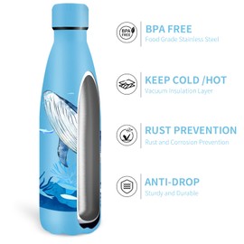 Grsta Water Bottle, 0.5 Litres, Stainless Steel, BPA-Free, Double Walled, Easy to Carry, Water Bottle for Whale, Leak-Proof, Thermos Flask for Camping, Running, Blue
