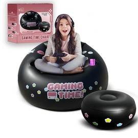 FranFusion Inflatable Pink Gaming Chair for Kids & Teens with Cup Holders and Side Pocket - This Air Bean Bag Game Chair is The Perfect Furniture for Gamer Room Décor (Gaming Time with Ottoman)