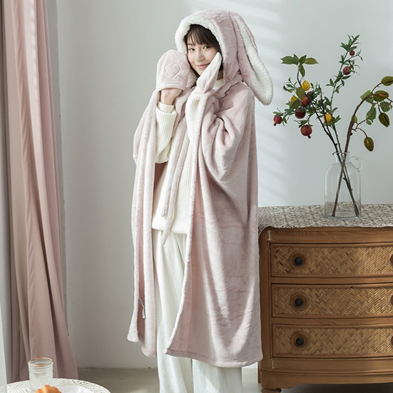 Hooded Blanket Wearable Polyester Plush Rabbit Ear Hooded Blanket Throw