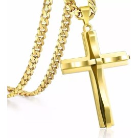 Syrios GIfts Stainless Steel Gold Double Cross Men Necklaces Pendants Chain, Great Gift