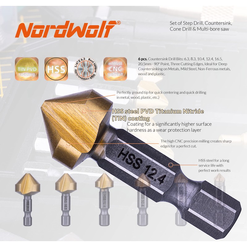 NordWolf 12-Piece HSS Titanium Metric Step, Countersink, Cone Drills with