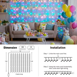 JMEXSUSS 300LED Easter Decorations Curtain Lights with Remote, 9.8x9.8ft Easter Sting Lights Plug in for Bedroom Wall Window Party Backdrop Porch Patio Garden Yard Indoor Outdoor Decor