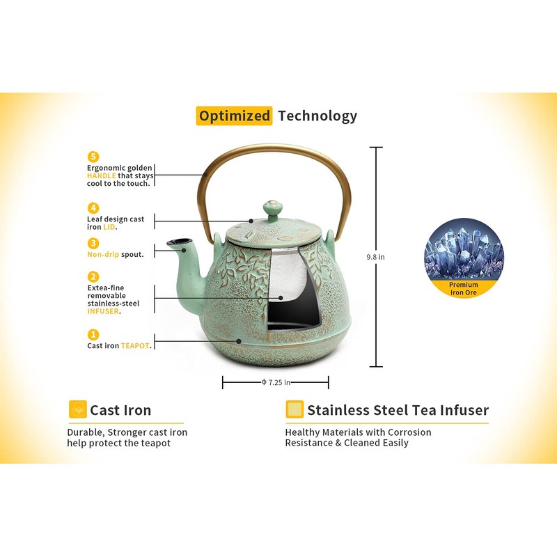 Toptier Tea Kettle for Stove Top, Cast Iron Teapot Stovetop