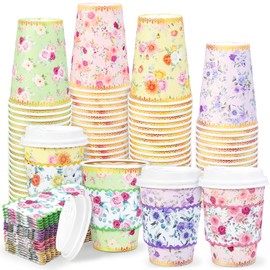 AnyDesign 60 Pcs Spring Floral Paper Coffee Cups with Lids and Sleeves Colorful Flower 12 Oz Disposable Drinking Cup for Wedding Birthday Bridal Shower Women Tea Party Supplies