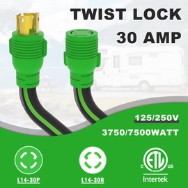 RVVIN 4 Prong 30 Amp Extension Generator Cord 25FT, NEMA L14-30P/L14-30R Standard Plug, 125/250 Volt Up to 7500 Watts, Twist Lock Power Cord for Manual Transfer Switch (Black&Green)