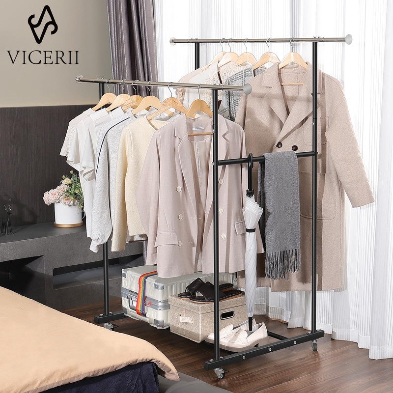 VICERII Clothes Rack, Double Clothing Rack with Wheels and Extra