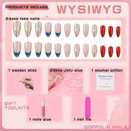 QQPPOLIU Short Press on Nails,Almond Press on Nails Medium with Metal Punk Design Red Press on Nails Medium Length Nails