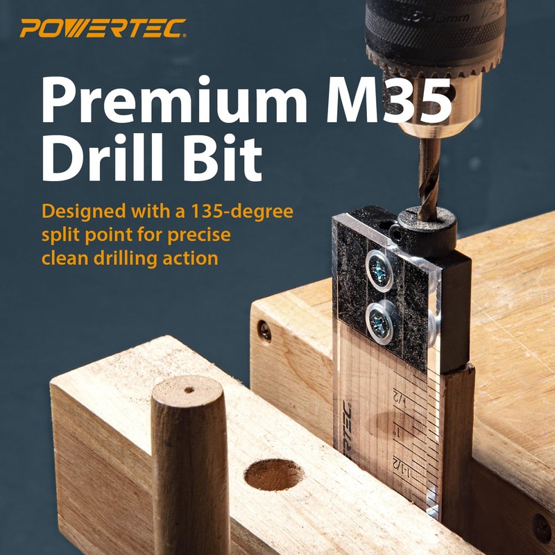POWERTEC Complete Doweling Jig Kit w/ 1/2",3/8",1/4" Cobalt M-35 Drill