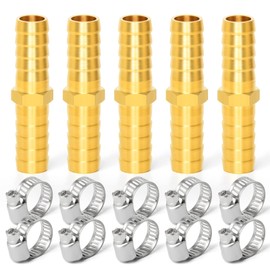 ERGAOBOY 5 Pcs 8mm Brass Hose Barb Connector, 2 Way Straight Hose Fitting with 10 Pcs Clamps