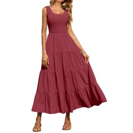 PRETTYGARDEN Sleeveless Summer Dresses for Women 2025 High Waisted Smocked Tank Maternity Dress Tiered Maxi Casual Long Dresses (Bean Paste Red,Small)