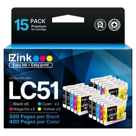 E-Z Ink Compatible Ink Cartridge Replacement for Brother LC51 LC-51 LC51BK LC51C LC51M LC51Y Compatible with MFC-440CN MFC-465CN MFC-665CW Printer (6 Black, 3 Cyan, 3 Magenta, 3 Yellow) 15 Pack