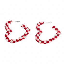Checkerboard Hoop Earrings for Women Sterling Silver Post Hypoallergenic Retro Simple Colorful Acrylic Resin Checker Black White Grid Lightweight Open C shaped Earrings for 70s 80s 90s Party Jewelry Gifts (Red heart checker)