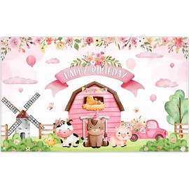 Luminora Fabric 72x43inch Pink Watercolor Farm Happy Birthday Photography Backdrop Cartoon Animal Barn Door Background Girl Party Decoration Baby Shower Photo Banner