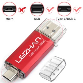 LEIZHAN USB Stick 32GB Type C Memory Stick OTG Speicherstick 2-in-1 Flash Drive USB 3.0 Pen Drive für PC/Laptop/Notebook, und andere USB-C (32GB,Red)