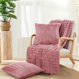 BYTIDE Striped Throw Blanket and Pillow Covers Set (No Inserts) for Couch and Bed, Plush Warm Lightweight Fuzzy Faux Fur Blanket for All Seasons (50" x 60", Dusty Rose)