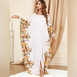AFAVOM Muslim Abaya Dress for Women Islamic Dubai Robe Floral Print Batwing Long Sleeve Maxi Kaftan Dresses Embroidered Ramadan Prayer Moroccan Dress Loose Full Length Eid Wedding Gown White One Size