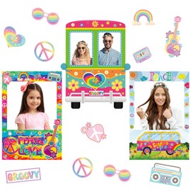Cinnvoice 3 Pcs Hippie Bus Photo Booth Props Hippie Birthday Party Decorations Peace Love Selfie Frame Banner Handheld Portable Backdrop 60s 70s Groovy Retro Background for Outdoor Indoor
