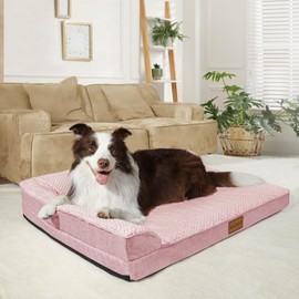 Jolifield Orthopedic Jacquard XXL Dog Bed for Extra Large Dogs 48''X30'', Waterproof L Shaped Big Dog Sofa Pet Bed with Washable Removable Cover, Non-Slip Soft Comfortable Pet Couch Sleep Mat, Pink