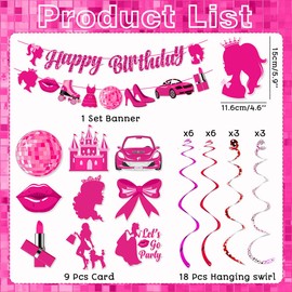Hot Pink Birthday Party Decorations, Pink Princess Birthday Hanging Decorations, Princess Happy Birthday Banner Pink Party Decorations for Girls Doll Theme Party Cowgirl Birthday Decor
