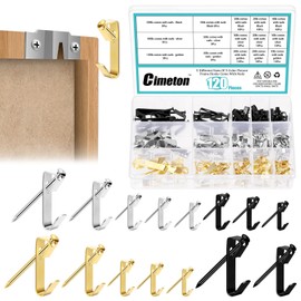 Cimeton 120Pcs 5 Sizes Picture Hangers Picture Hanging Kit Picture Hanging Hooks Frame Hooks Picture Hooks Picture Frame Hangers Picture Hooks with Nails for Wall Mounting (Silver, Gold, Black)