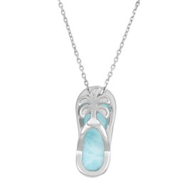 Sterling Silver Natural Larimar Flip-Flop with Palm Tree Pendant with 18" Chain, Metal, Larimar