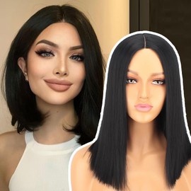 Xtrend Black Bob Wigs for Black Women Short Straight Wigs for White Women Synthetic Middle T Part Lace Wigs for Daily Party Use (14 Inch, Black Color)