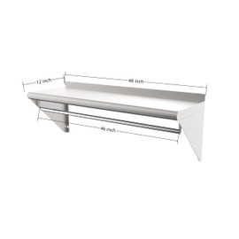 STEELBUS 12''x48'' Wall Mounted Stainless Steel Shelf with Suspension Rod, NSF Commercial Metal Wall Mounted Floating Shelf for Kitchens, Restaurants, Food Trucks, Garages, Homes and Hotels