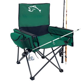 EASYGO PRODUCTS Fishing Chair with Rod Holder – Built in Cooler – Hands Free Fishing Pole Holder - Storage Pouch – Full Size Portable & Folding – Ruler for Measuring Fish, Fishing Chair Green