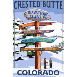 ART.COM Stretched Canvas Print Crested Butte, Colorado - Ski Run Signpost by Lantern Press, 12" x 18"