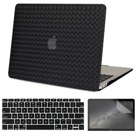 Compatible with MacBook Air 13.6 Inch Case 2022-2024 with Touch ID, Model A3113 M3 A2681 M2 Chip, Smooth Classic Braided Pattern Leather Hard Shell Case with Keyboard Cover & Screen Protector, Black