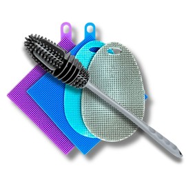 Esponja de silicona para platos, paquete de 5 unidades, 4 esponjas de doble cara + 1 cepillo para polvo para botella de silicona, esponja de silicona de grado alimenticio para platos y secaplanamiento en casa, esponjas de cocina sin BPA