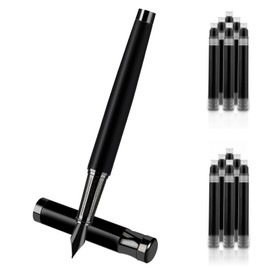 Amaxiu Luxury Metal Pen Set - Fine Nib Fountain Pen with Converter and 10 Black Ink Cartridges for Smooth Writing, Business Office Use (Black)