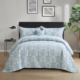 CHIXIN Quilt King Size - Damask Pattern Bedspread Coverlet Set - Chic & Fresh Style Bedding Cover, Reversible, Lightweight, 4 Piece, Light Blue/White