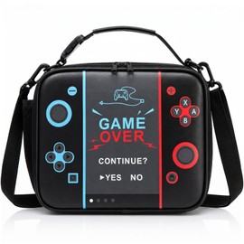 Gamer Lunch Box for Boys Kids, Large Capacity Insulated Lunch Bag with Extra Mesh Bag Fit Ice Pack & Clip Handle, Waterproof PU Leather Kids Lunchbox with Adjustable Strap & Side Pocket for School