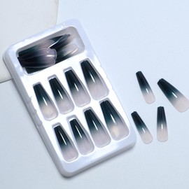 CEWEWP Black Gradient Press on Nails Long Square Fake Nails Glossy Acrylic Nails with Gradient Green Design Glue on Nails Y2K French Full Cover False Nails for Women Manicure Decoration 24Pcs