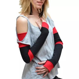 Trixy Xchange Long Striped Arm Warmers Black Red Cotton Gloves Patchwork Warm Elbow Length D28