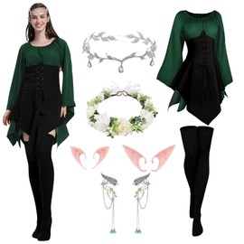 OJMHD Traditional Irish Dress for Women, Medieval Costume Set for Cosplay, Renaissance Dresses with Crown Elf Ears Earrings, Victorian Green Clothing with Trumpet Sleeves for Forest Cosplay Party, XL
