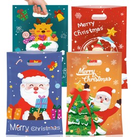 50 Pcs Christmas Gift Bags with Handles, Plastic Merry Christmas Goodie Bags Bulk, Winter Christmas Candy Treat Tote Goody Cookie Party Favor Bag for Xmas Christmas Party Favors Supplies, 4 Styles