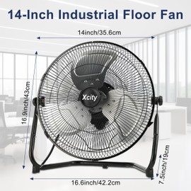 Xcity 14 Inch Metal Industrial Floor Fans, Max 2100 CFM, Heavy Duty High Velocity Fan with 3-speed and 360°Adjustable Tilt, for Warehouse, Workshop, Factory, Garage