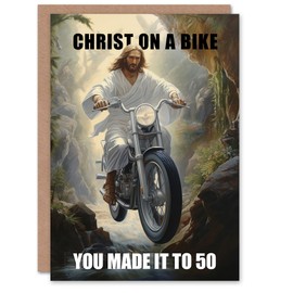 Artery8 Birthday Card Made it to 50 Christ on a Bike Motorcycle Funny For Him Man Male Dad Brother Son Papa Grandad Greeting Card