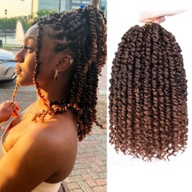 Samtress 8 Packs Ombre Brown Pretwisted Passion Twist Hair 10 Inch Pre Looped Passion Twist Corchet Braids Synthetic Short Bob Bohemian Braids Hair Extensions with Curl Ends for Women (#T30)