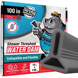 Shower Threshold Water Dam Barrier 100" - Gray Collapsible Shower Water Blocker - Guard for Walk in Shower - Water Guard Stopper for Floor - Shower Door Water Blocker - 1.5" Tall - By Hippo Dam