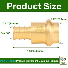 FullMayPro 3/4 inch Press Propress X 3/4" PEX Crimp Coupling Brass Fittings Adapter, For Copper and Pex Pipe Connection,Lead-Free (10PC 3/4inch)