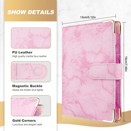 Taope Budget Planner, 6-Ring A6 Budget Binder, Money Organiser, with Soft PVC Pockets, Leather Notebook, Cash Envelopes, Household Expense Book with Money Compartments, Marble Red