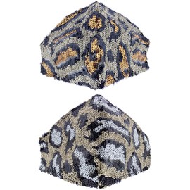 Zac's Alter Ego Pair of Non Medical Stylish Shiny Sequins Leopard Print Mesh Face Masks/Covers