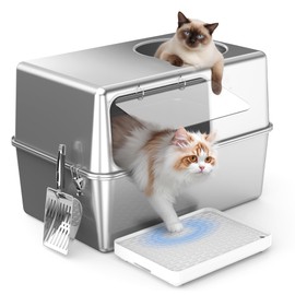 Aothey Enclosed Stainless Steel Litter Box with Lid, Enclosed Metal with High Sides, Large Cat Litter Box, Dog-Proof, Odor Control, Easy to Clean,Durable with Round Edge (Side Entry)