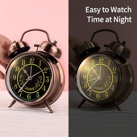 pxy Retro Alarm Clock for Heavy Sleepers 3D Dial Battery Operated (Battery Include), 4" Super Silent Analog Alarm Clock for Kids with Night Light PT260 Silver OrangePT258-6 Red Copper